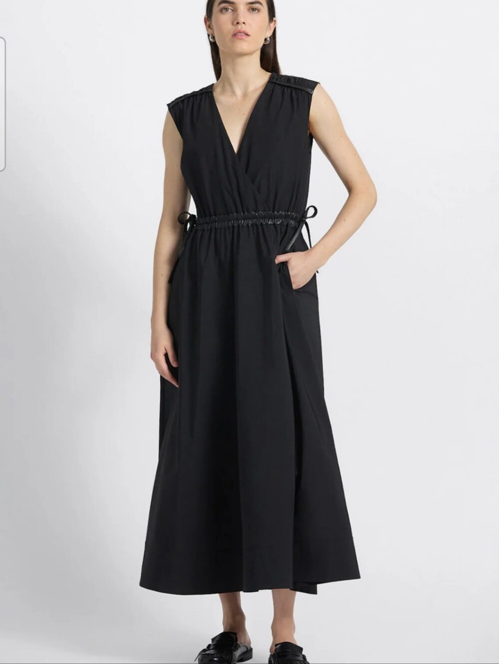 Derek Lamb Black Sleeveless Drawstring, Trim, Cinch Waist Midi Dress. Size 4